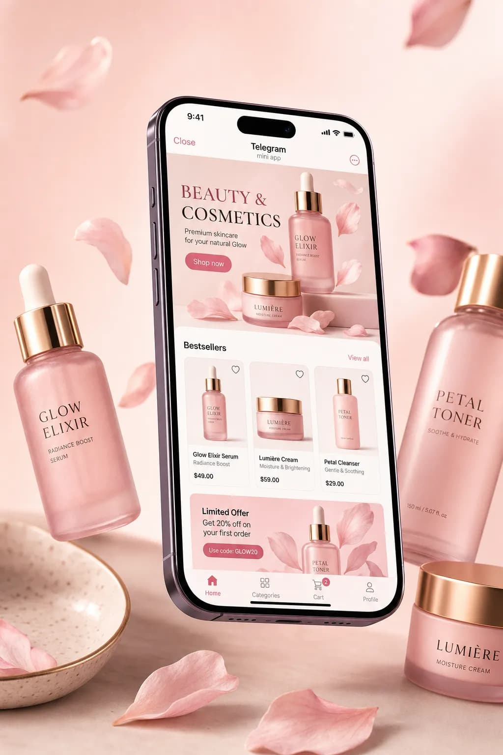 Lumière — Beauty Telegram Mini App storefront design